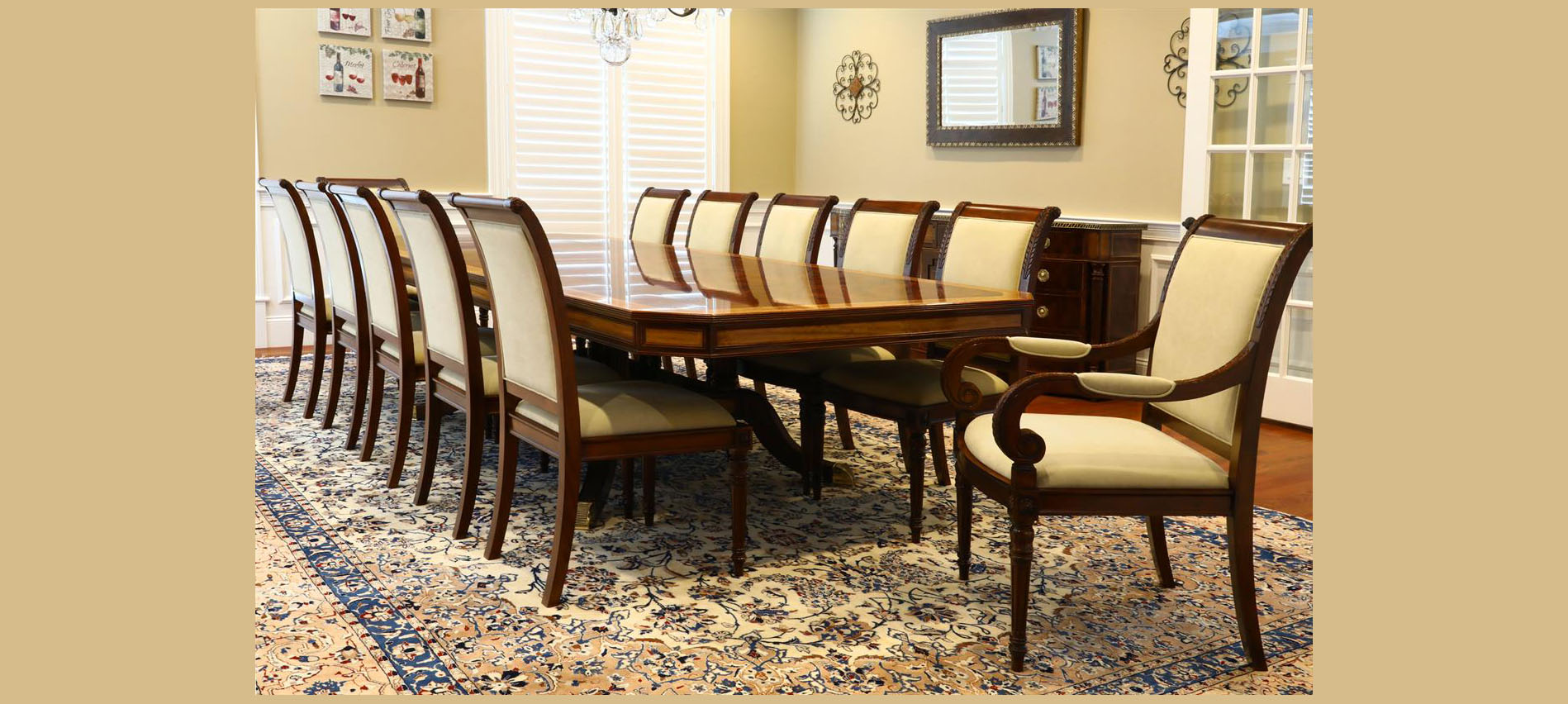 extendable dining table seating 12 persons in a traditional dining room